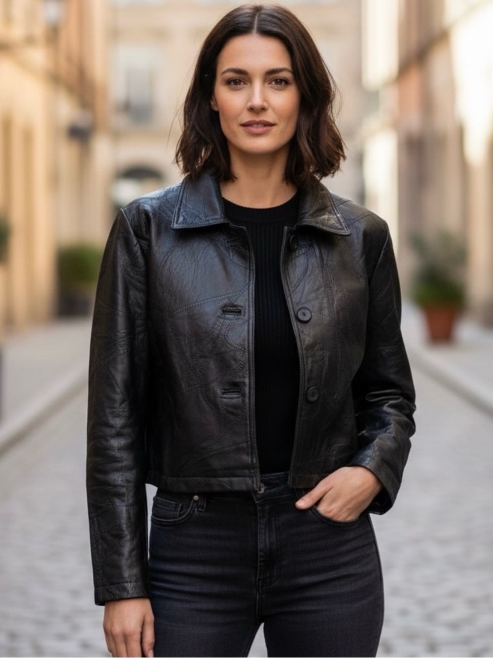 ITALIAN STONE Genuine Leather Black Button-Front Jacket
Medium